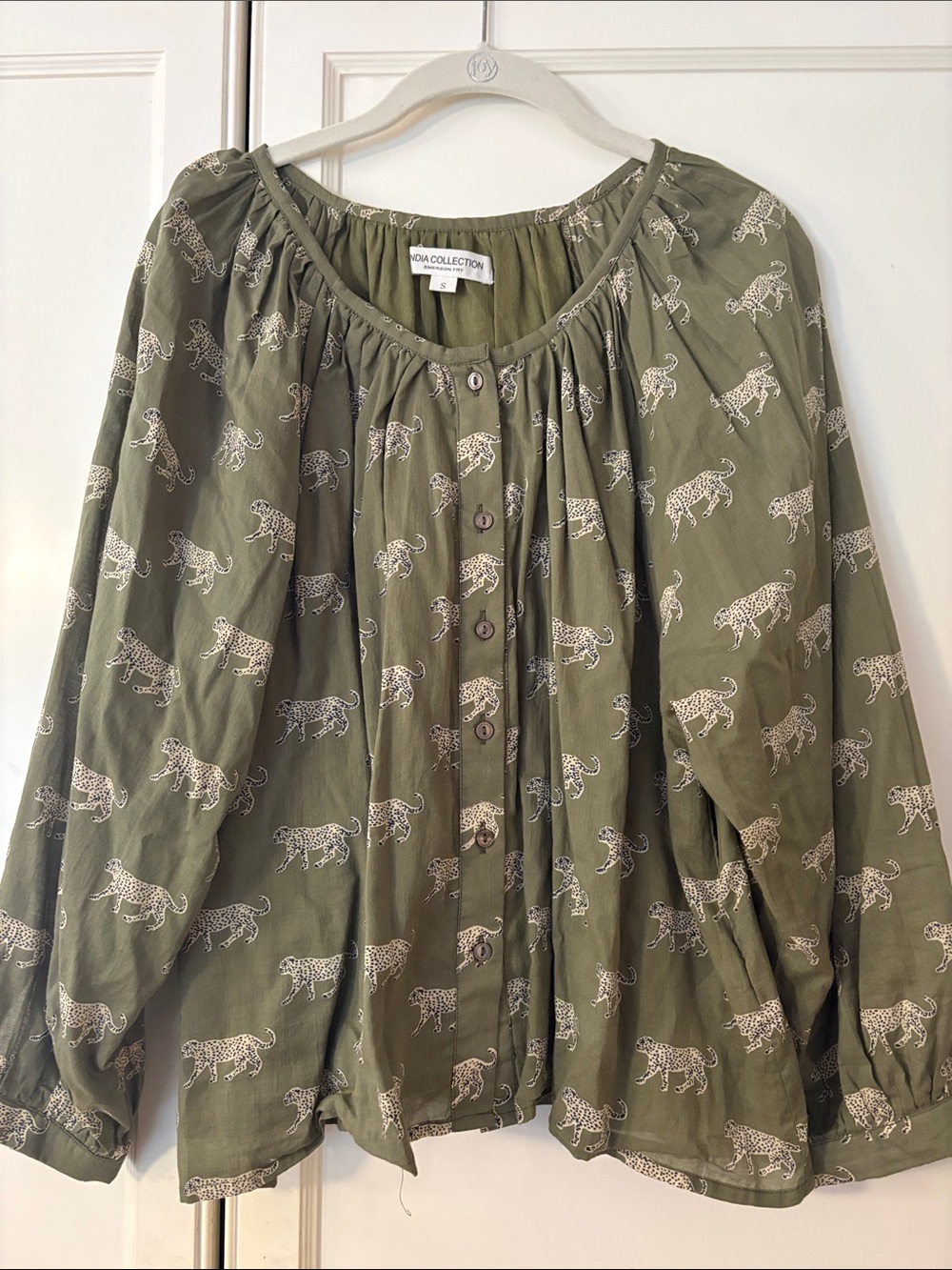 Emerson Fry India Collection Olive Green Peasant Blouse with leopard print small